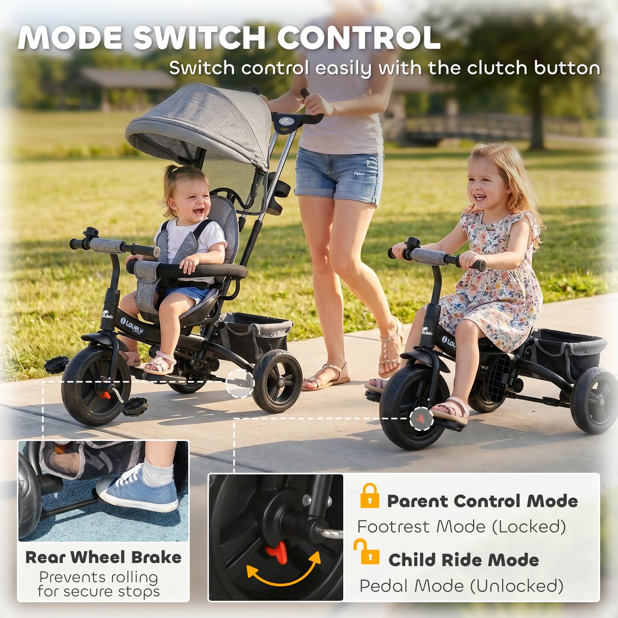 Qaba Toddler Tricycle, 6 in 1 Kids Trike, Baby Bike Stroller with